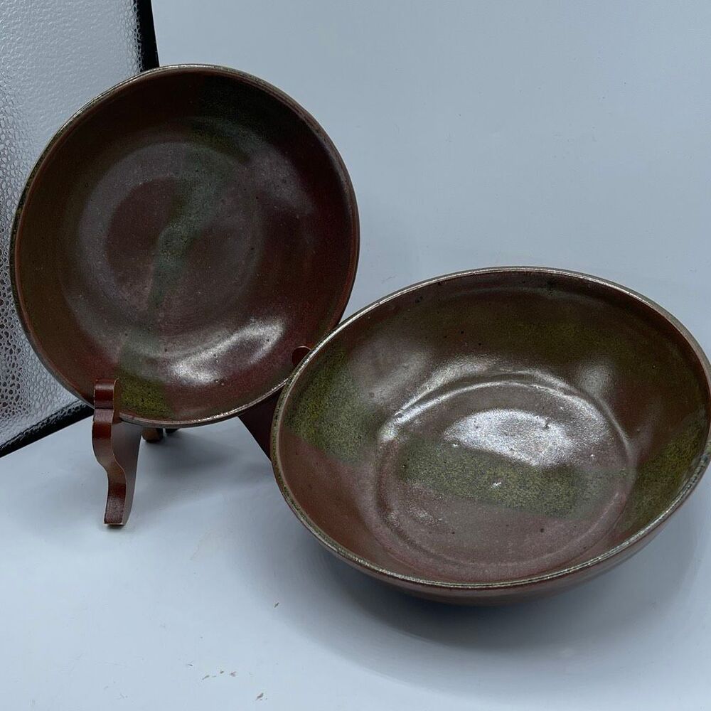 Set of 2 Artisan made pottery bowls pedestal base brown green